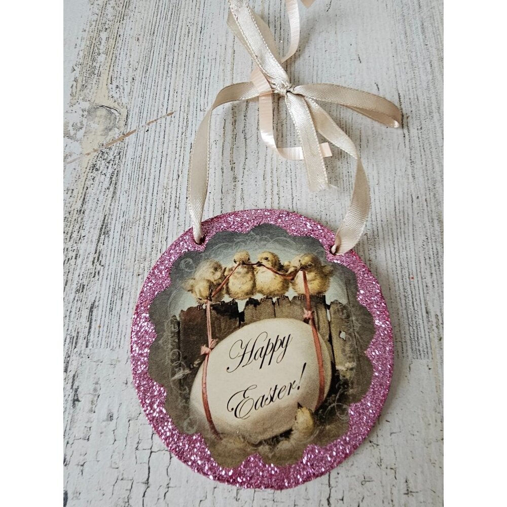 Bethany lowe ? Easter chick ornament glitter pink spring decor sign‎ hanging
